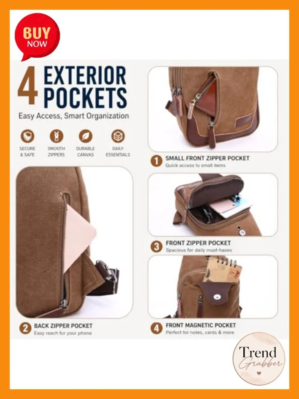 Canvas Sling Bag for Men Crossbody Chest Bag Casual Daypack Backpack Adjustable